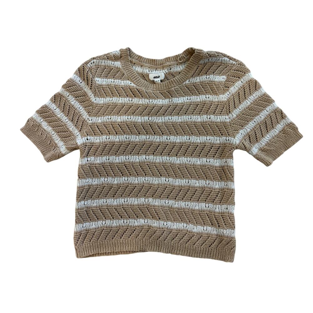 Aerie women Knit Tan & White Short Sleeve Crop Top Size XS